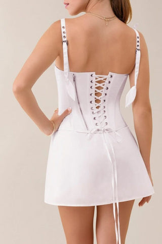 White cotton poplin corset flower a - line mini dress - HEIRESS BEVERLY HILLS