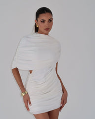 White draped shoulder mini dress
