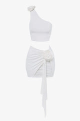 White flower asymmetric crop top