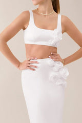 White flower embellished satin crop top