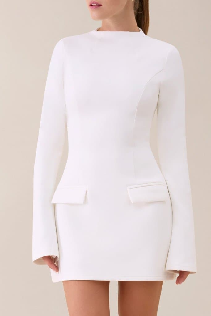 White long sleeve a line pocket mini dress - HEIRESS BEVERLY HILLS