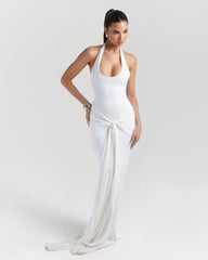 White sculpting jersey sarong maxi dress