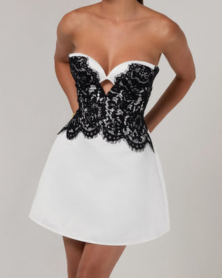 White strapless satin black lace a - line mini dress - HEIRESS BEVERLY HILLS