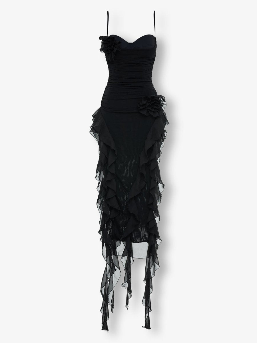 Black bustier ruffle flower maxi dress - HEIRESS BEVERLY HILLS