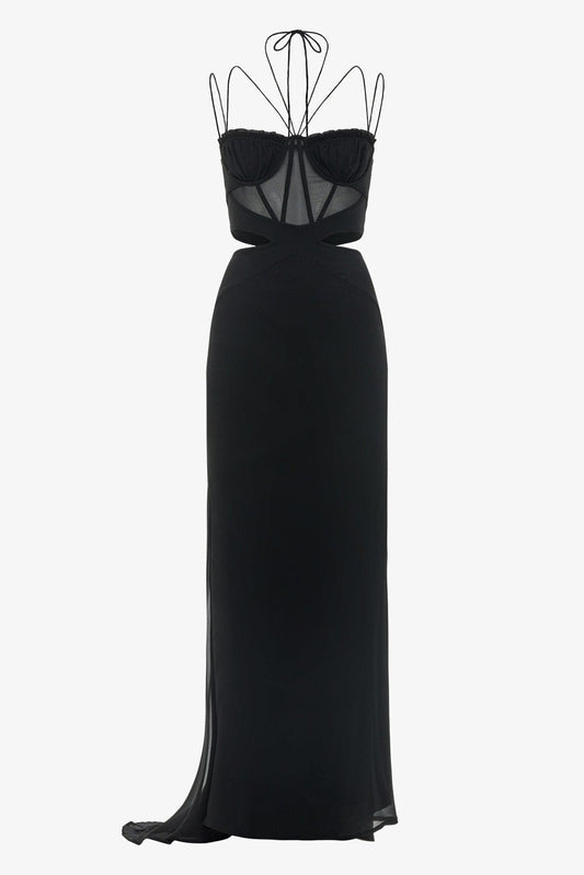Black chiffon corset gathered cutout maxi dress