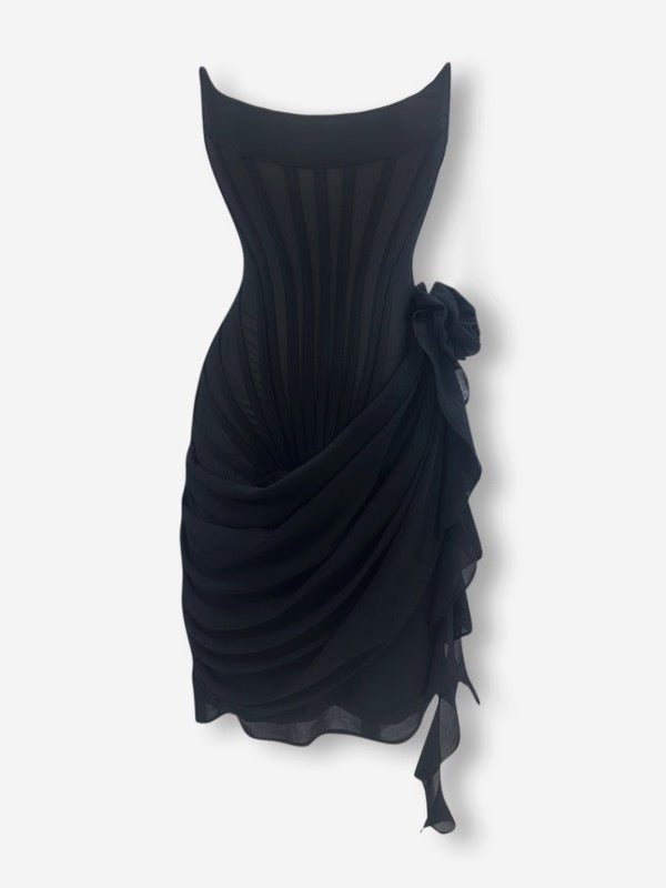 Black chiffon mesh corset flower drape midi dress - HEIRESS BEVERLY HILLS