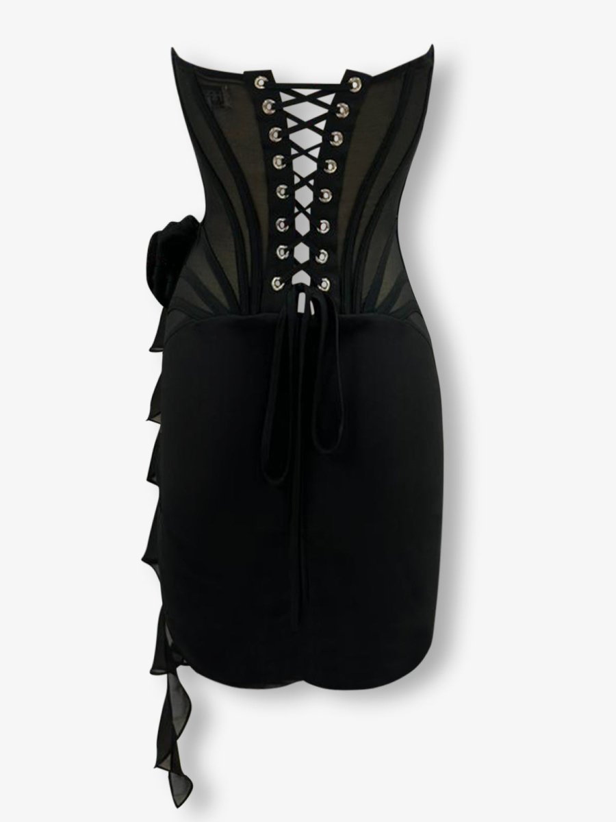 Black chiffon mesh corset flower drape midi dress - HEIRESS BEVERLY HILLS