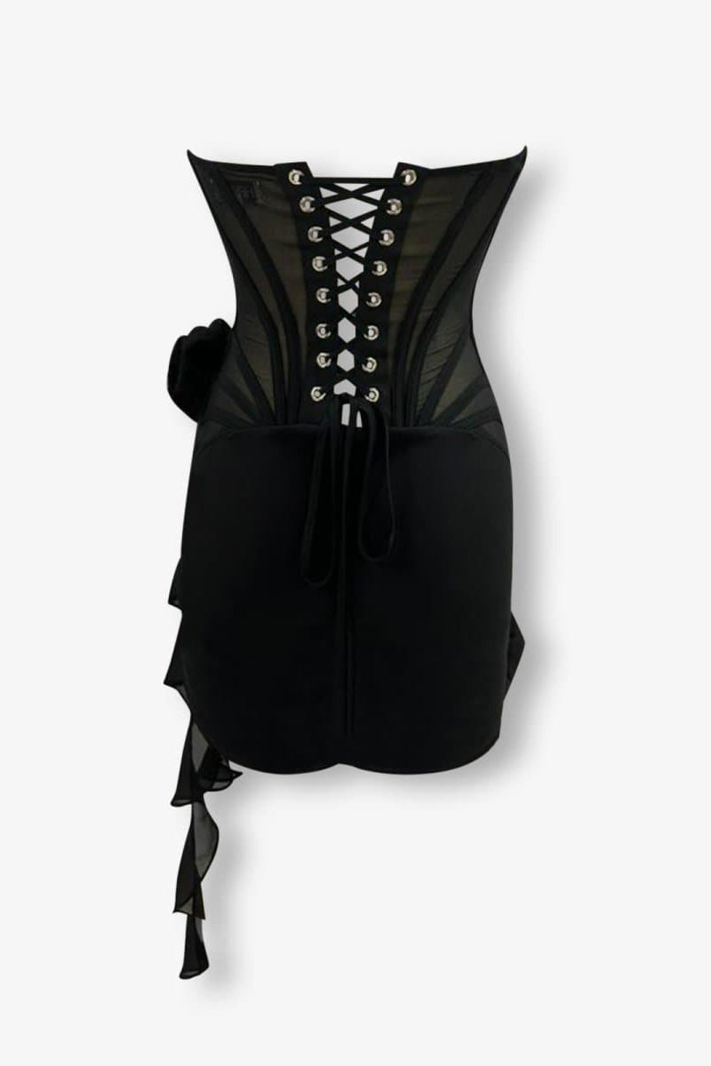 Black chiffon mesh corset flower drape mini dress - HEIRESS BEVERLY HILLS Black chiffon mesh corset flower drape mini dress - HEIRESS BEVERLY HILLS