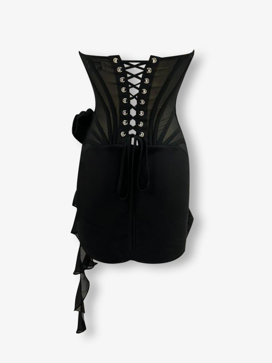 Black / XS - Kenaya Halter Mesh Corset Long Sleeve Dress
