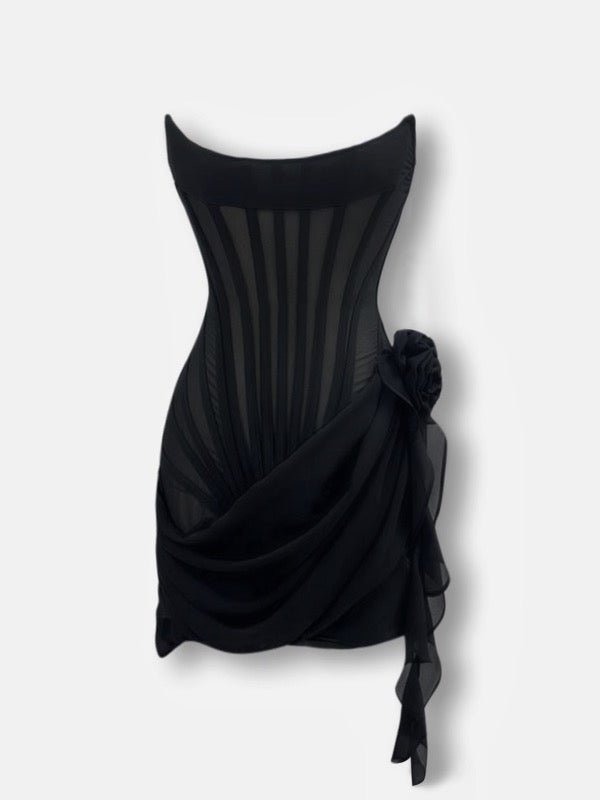 Black chiffon mesh corset flower drape mini dress - HEIRESS BEVERLY HILLS