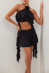 Black chiffon ruffle rose mini skirt - HEIRESS BEVERLY HILLS