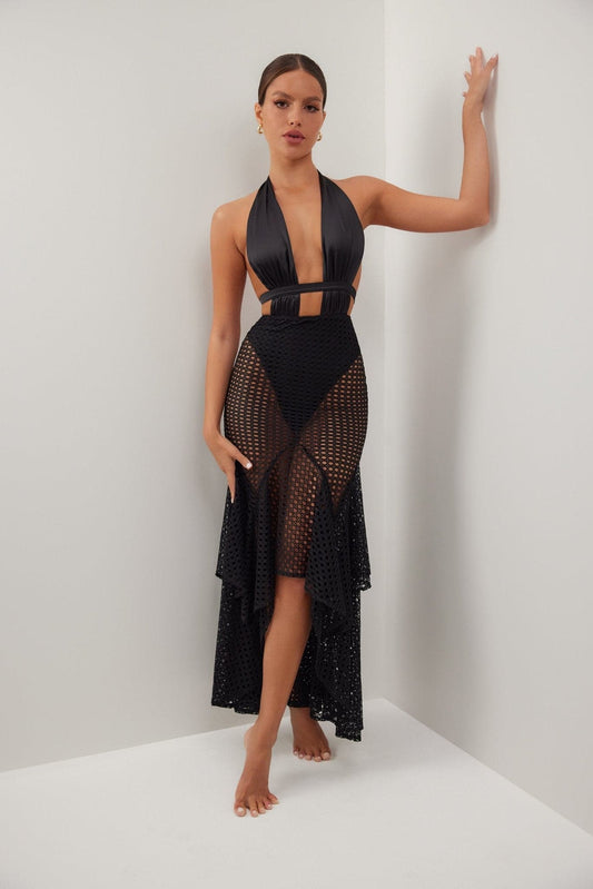 Black crochet plunge sheer maxi dress