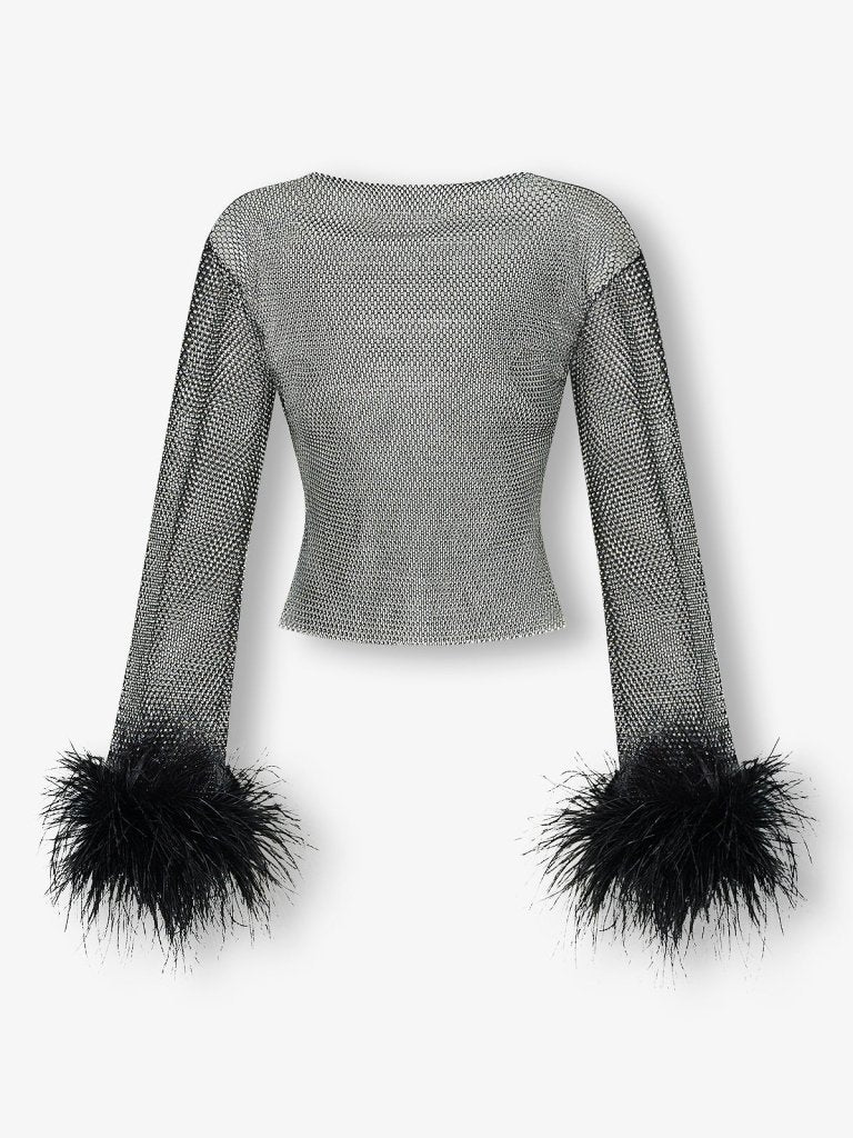 Black crystal embellished mesh feather top - HEIRESS BEVERLY HILLS