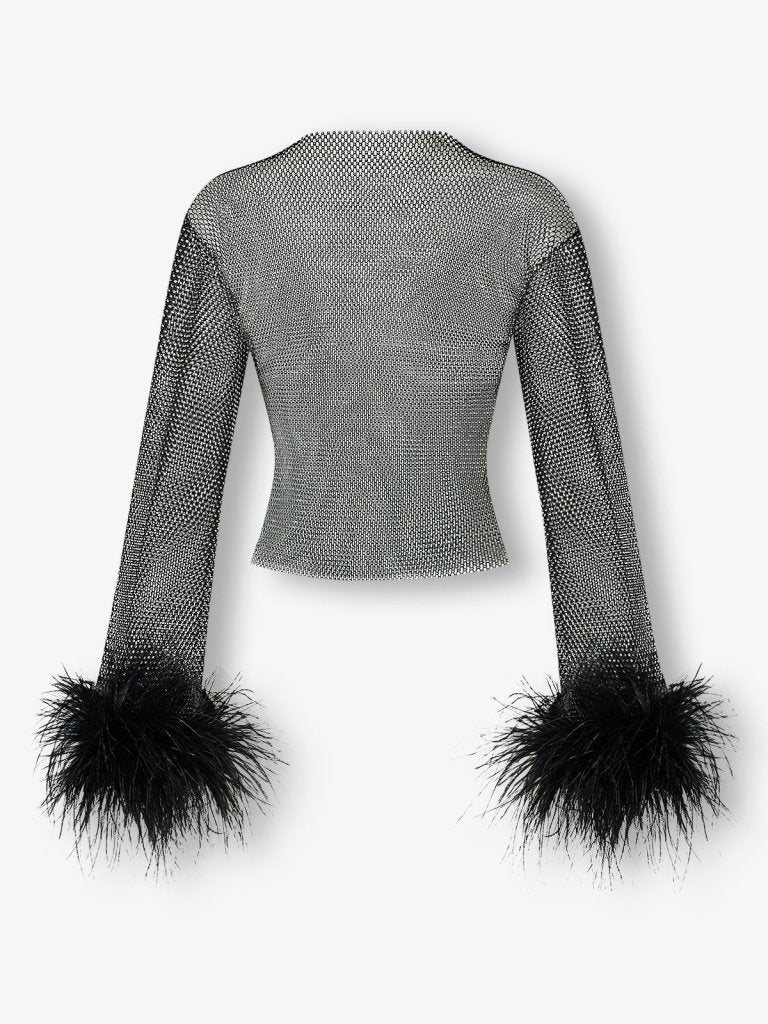 Black crystal embellished mesh feather top - HEIRESS BEVERLY HILLS