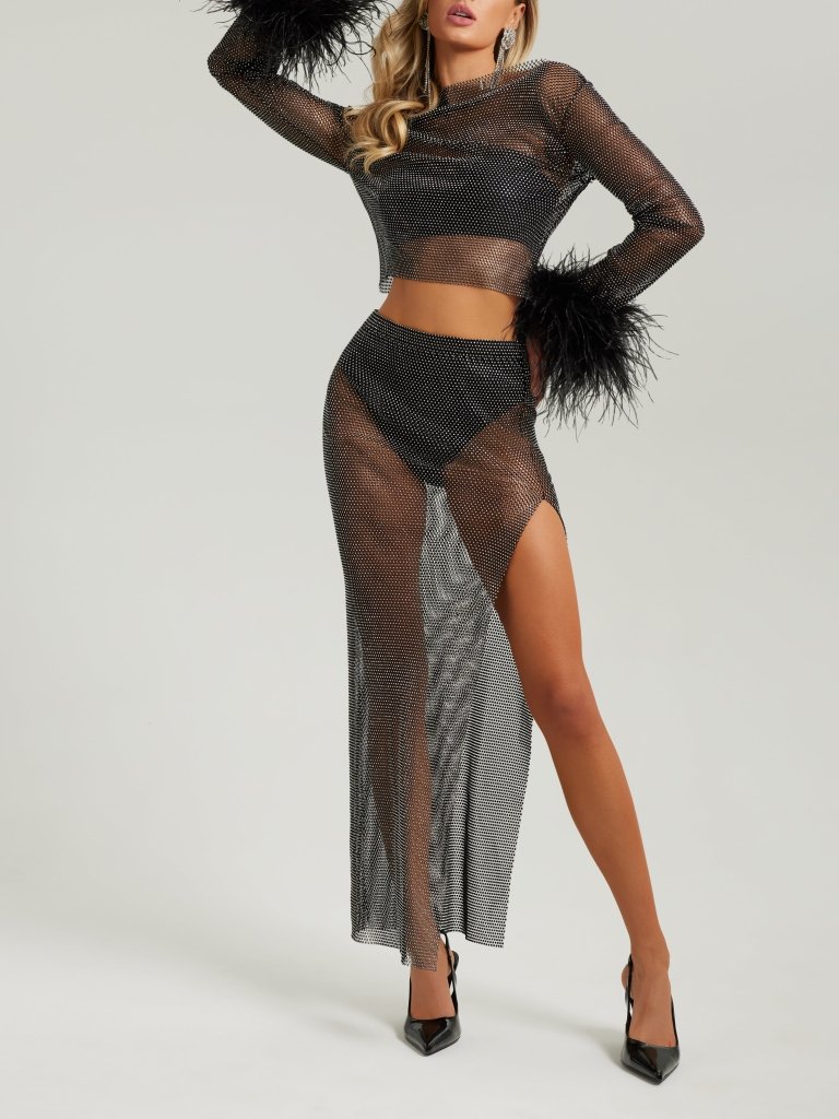Black crystal embellished mesh maxi skirt - HEIRESS BEVERLY HILLS