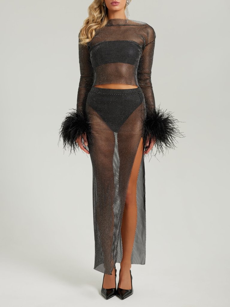 Black crystal embellished mesh maxi skirt - HEIRESS BEVERLY HILLS