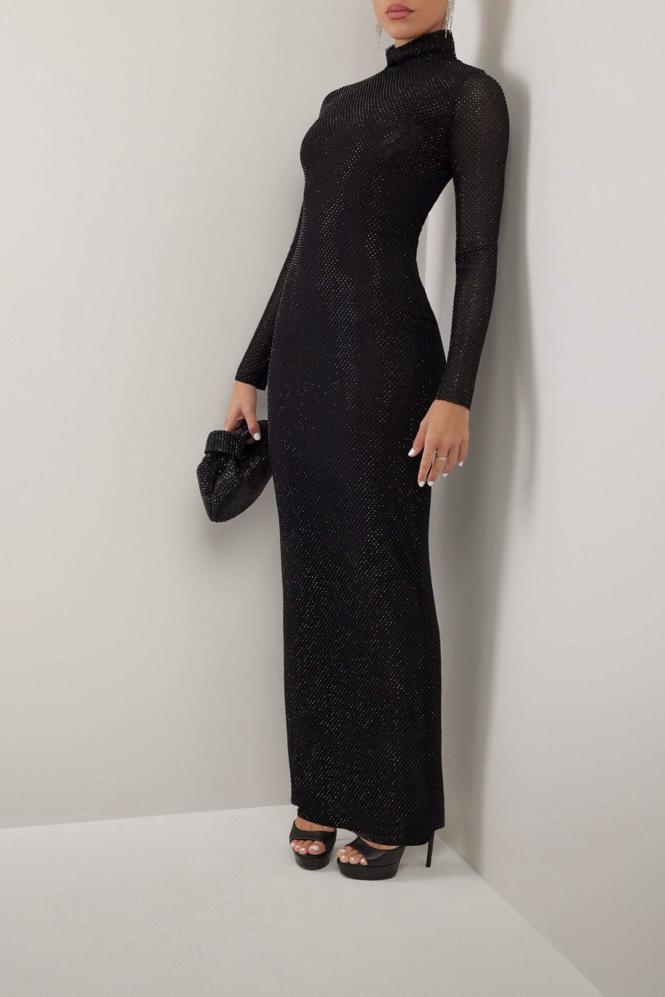 Black crystal embellished mesh turtleneck lined maxi dress