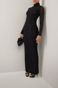 Black crystal embellished mesh turtleneck lined maxi dress - HEIRESS BEVERLY HILLS