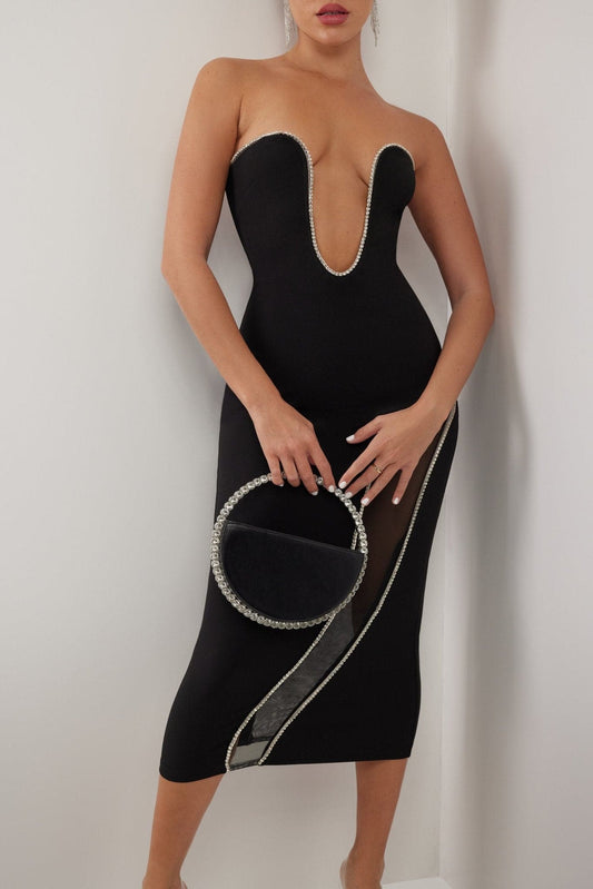 Black crystal embellished plunge neckline midi dress