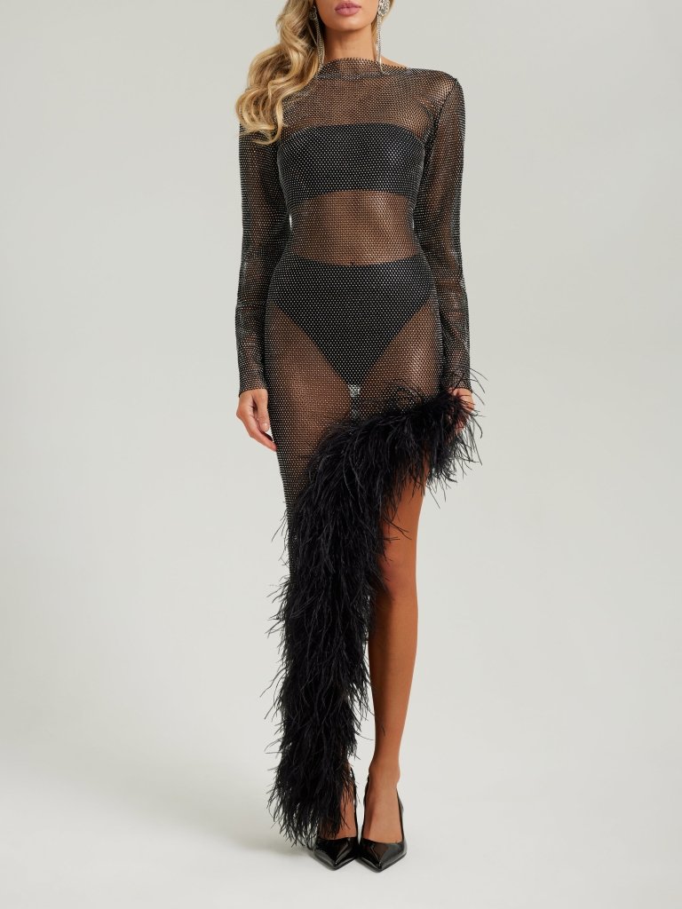 Black crystal mesh feather maxi dress - HEIRESS BEVERLY HILLS