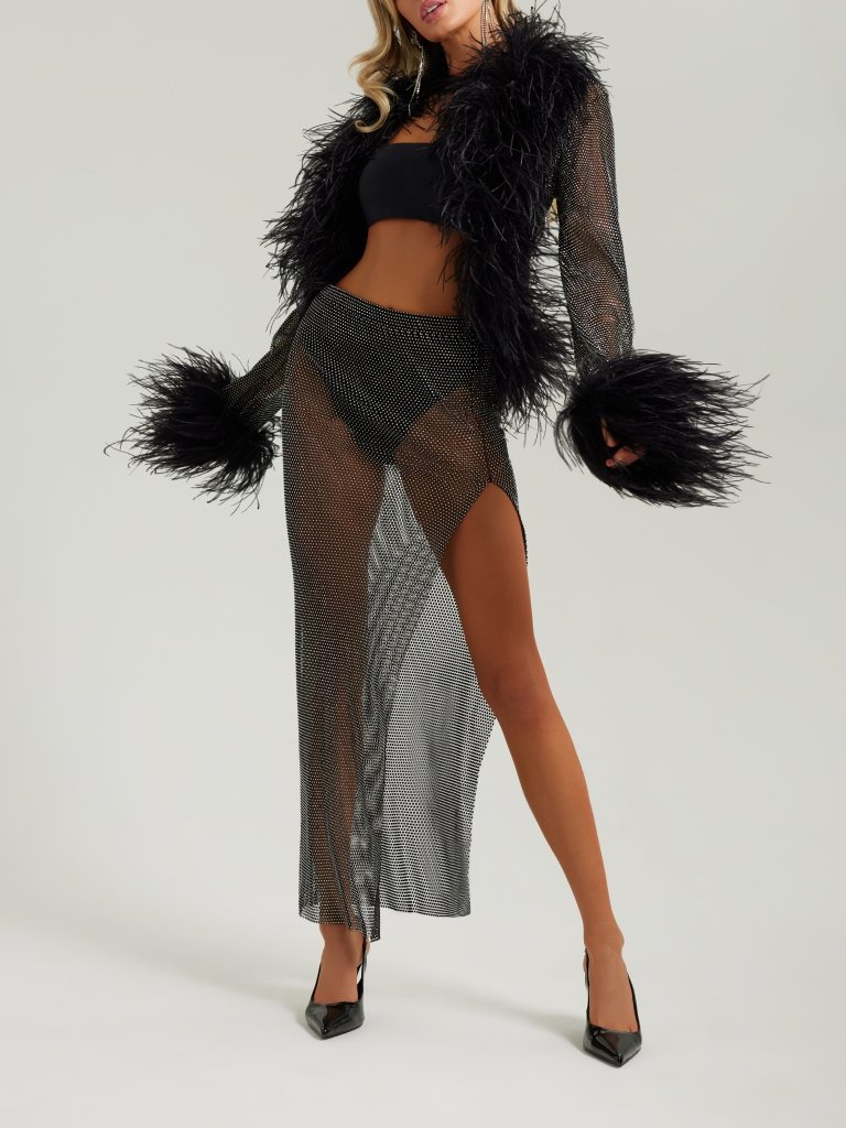 Black crystal metal mesh fur cardigan - HEIRESS BEVERLY HILLS