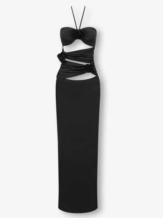 Black cutout flower halterneck maxi dress