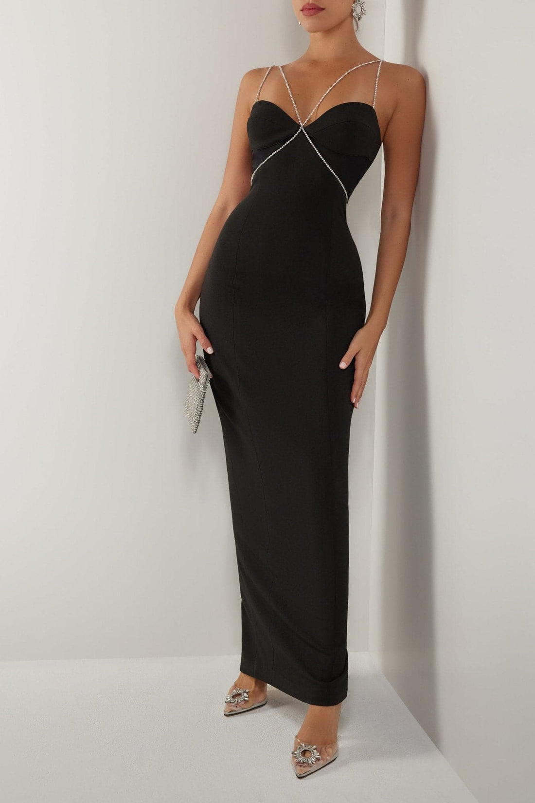 Black diamante strap cutout maxi dress - HEIRESS BEVERLY HILLS