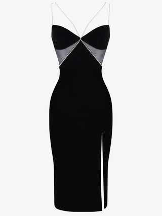 Black Diamanté Strap Cutout Midi Dress - HEIRESS BEVERLY HILLS