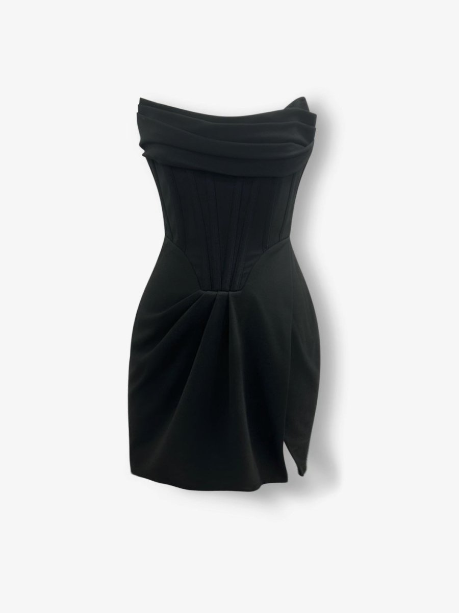 Black drape strapless corset slit crepe mini dress - HEIRESS BEVERLY HILLS