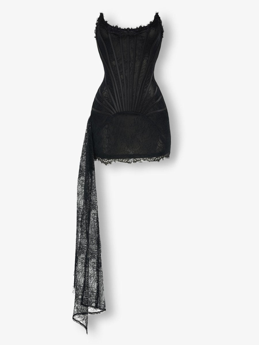 Black lace mesh corset drape mini dress - HEIRESS BEVERLY HILLS