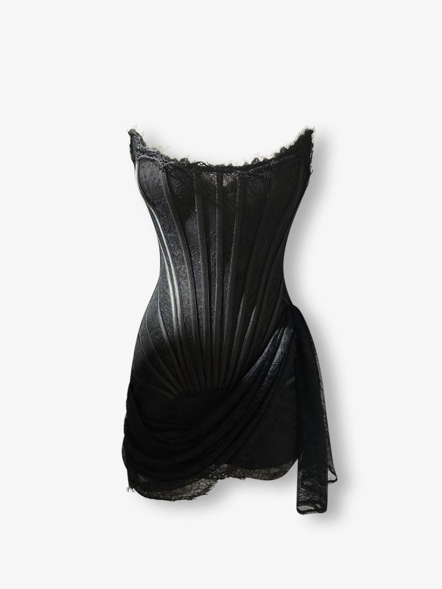 Black lace mesh corset drape mini dress - HEIRESS BEVERLY HILLS