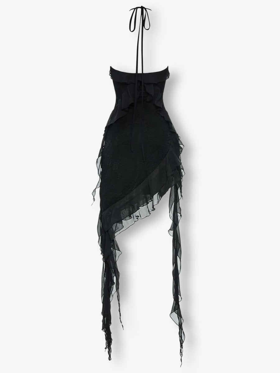 Black lace ruffle asymmetric dress - HEIRESS BEVERLY HILLS