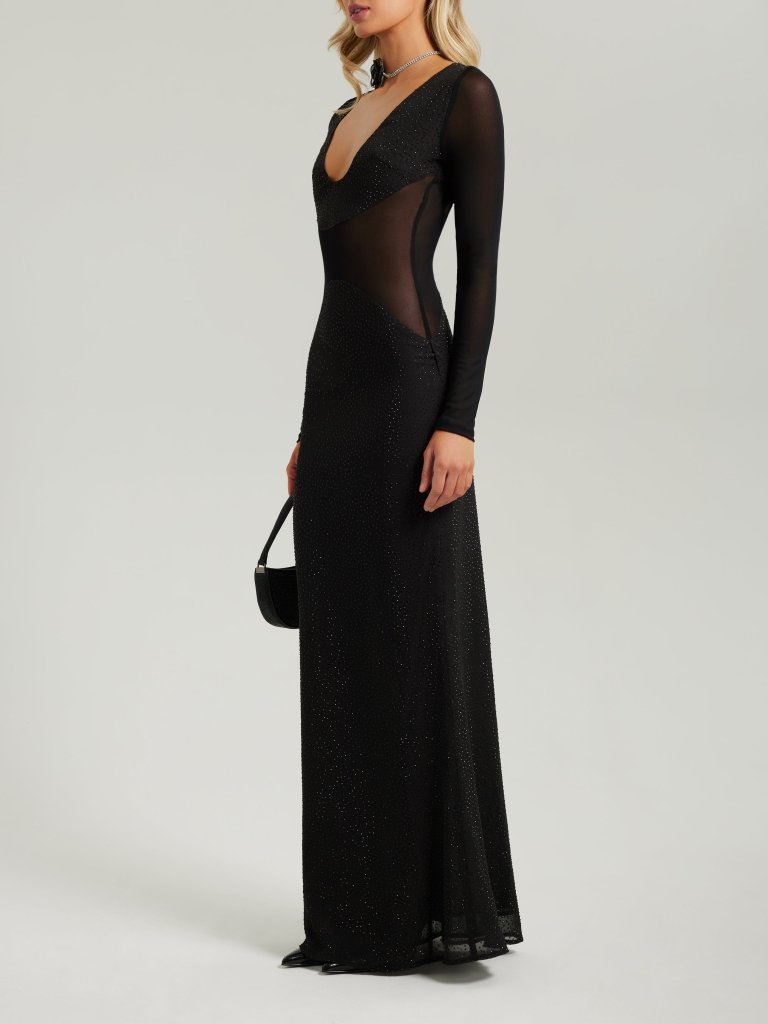 Black long sleeve crystal maxi dress - HEIRESS BEVERLY HILLS