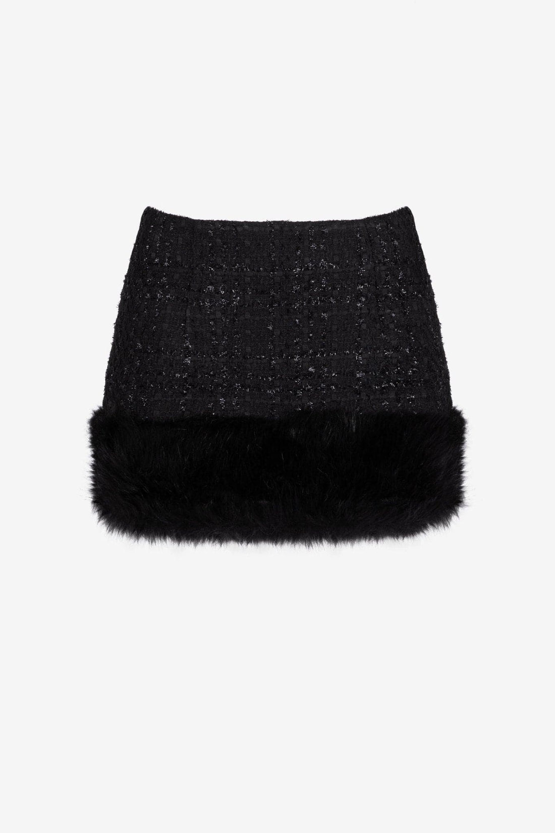 Black Low Rise Tweed Mini Skirt with Fur Trim - Heiress Beverly Hills XXL