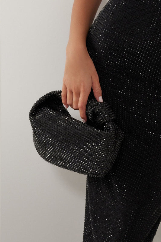 Black mini hotfix crystal embellished top-handle bag