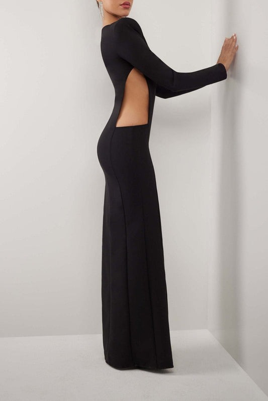 Black padded-shoulder cutout crepe maxi dress