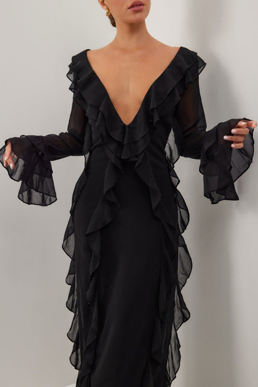 Black ruffle long sleeve maxi dress