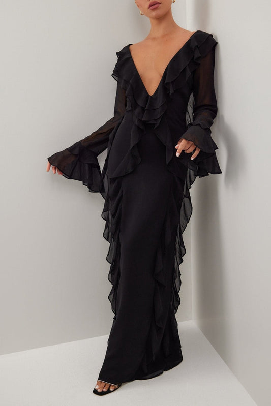 Black ruffle long sleeve maxi dress
