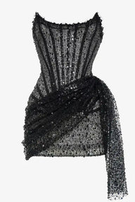 Black sequin corset draped strapless mini dress - HEIRESS BEVERLY HILLS
