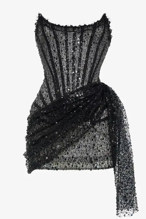 Black sequin corset draped strapless mini dress