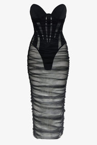 Black strapless corset panel tulle midi dress - HEIRESS BEVERLY HILLS