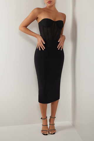 Black strapless mesh corset midi dress - HEIRESS BEVERLY HILLS