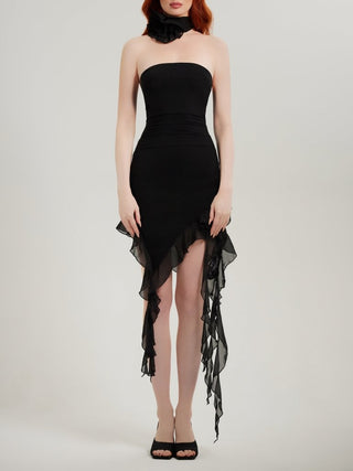 Black strapless mesh ruffle mini dress with flower choker - HEIRESS BEVERLY HILLS