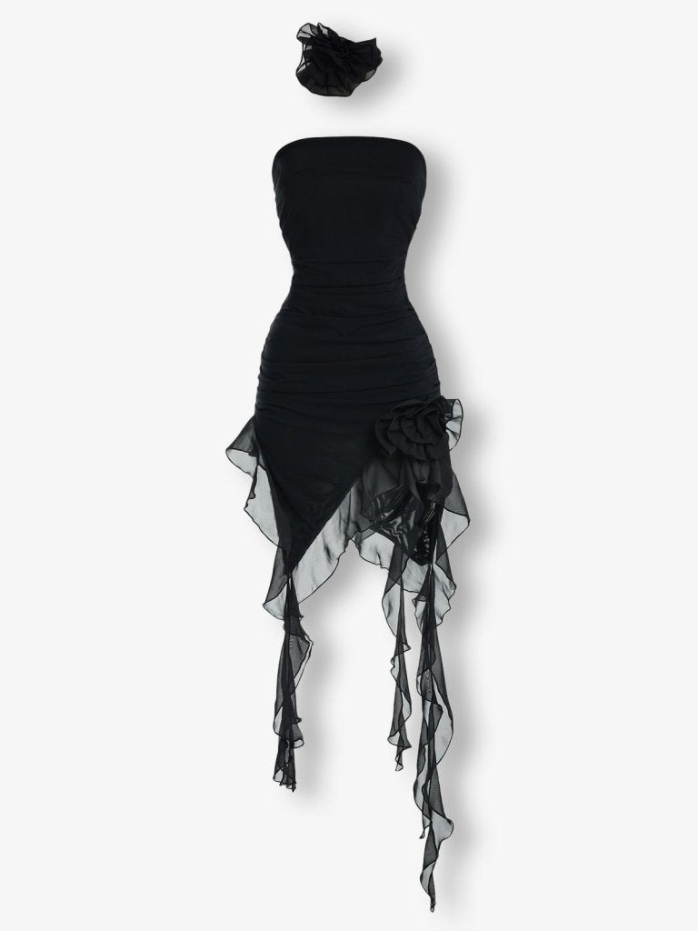 Black strapless mesh ruffle mini dress with flower choker - HEIRESS BEVERLY HILLS