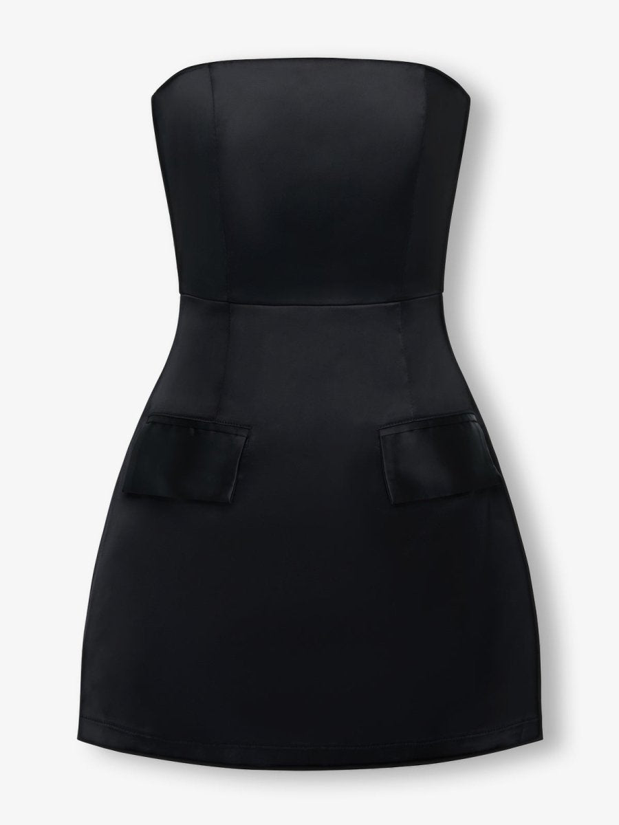 Black strapless satin pocket a-line mini dress - HEIRESS BEVERLY HILLS