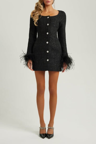 Long sleeve frayed hem mini best sale tweed dress