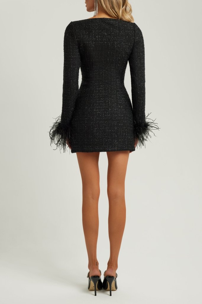 Black tweed long sleeve fur cuff mini dress
