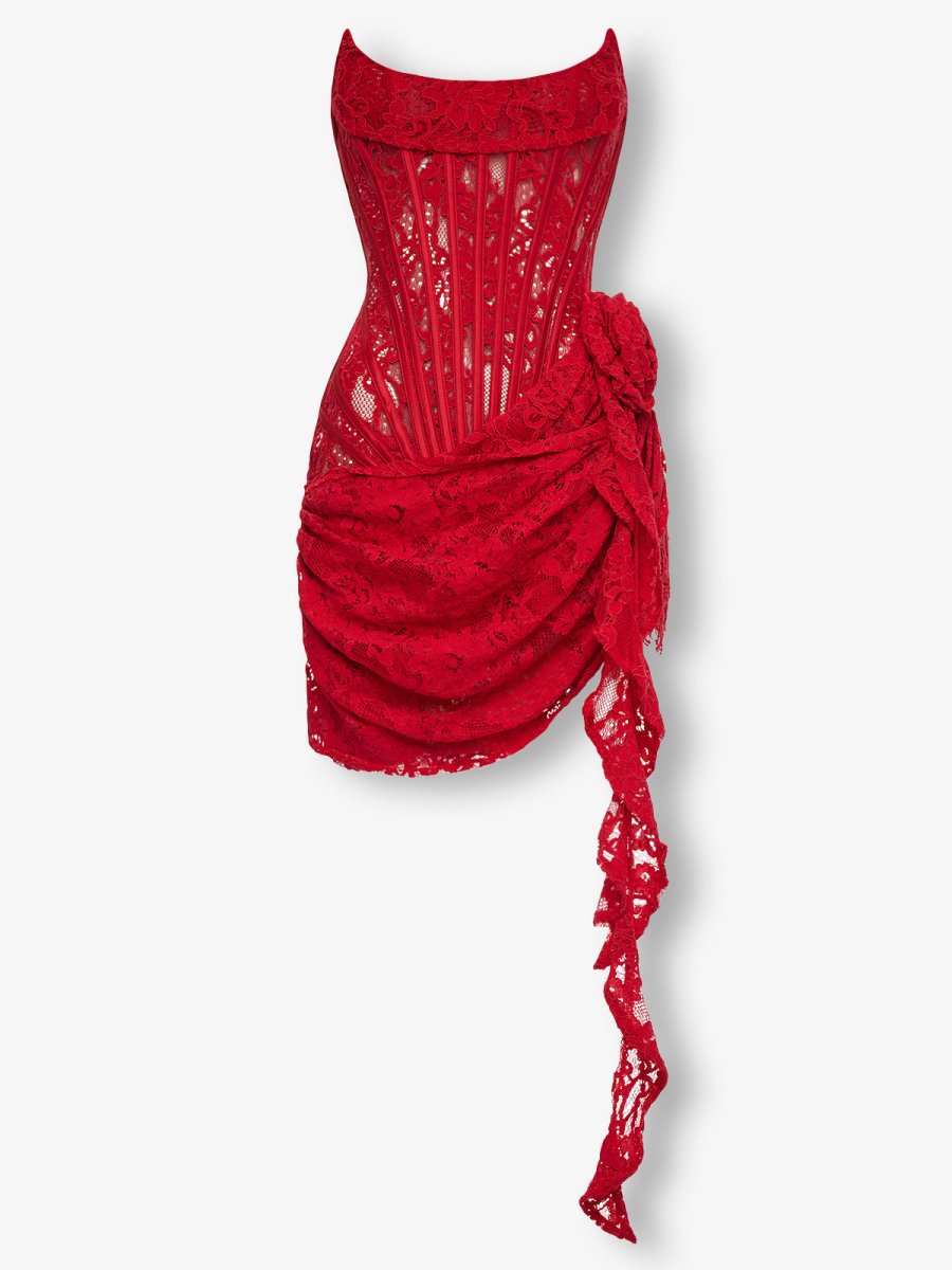 Red lace corset flower drape mini dress - HEIRESS BEVERLY HILLS