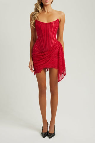 Red lace mesh corset drape mini dress - HEIRESS BEVERLY HILLS
