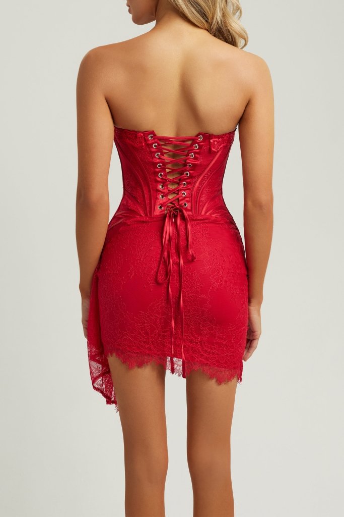 Red lace mesh corset drape mini dress